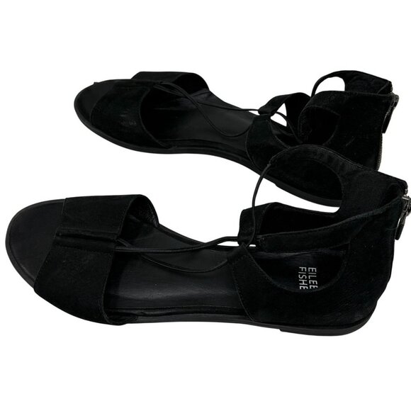 Eileen Fisher Black Suede Flat Sandals Womens Size 9 Back Zipper Open Toe Design - Picture 3 of 10